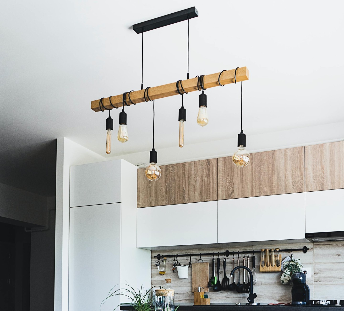 Modern kitchen with Edison bulbs