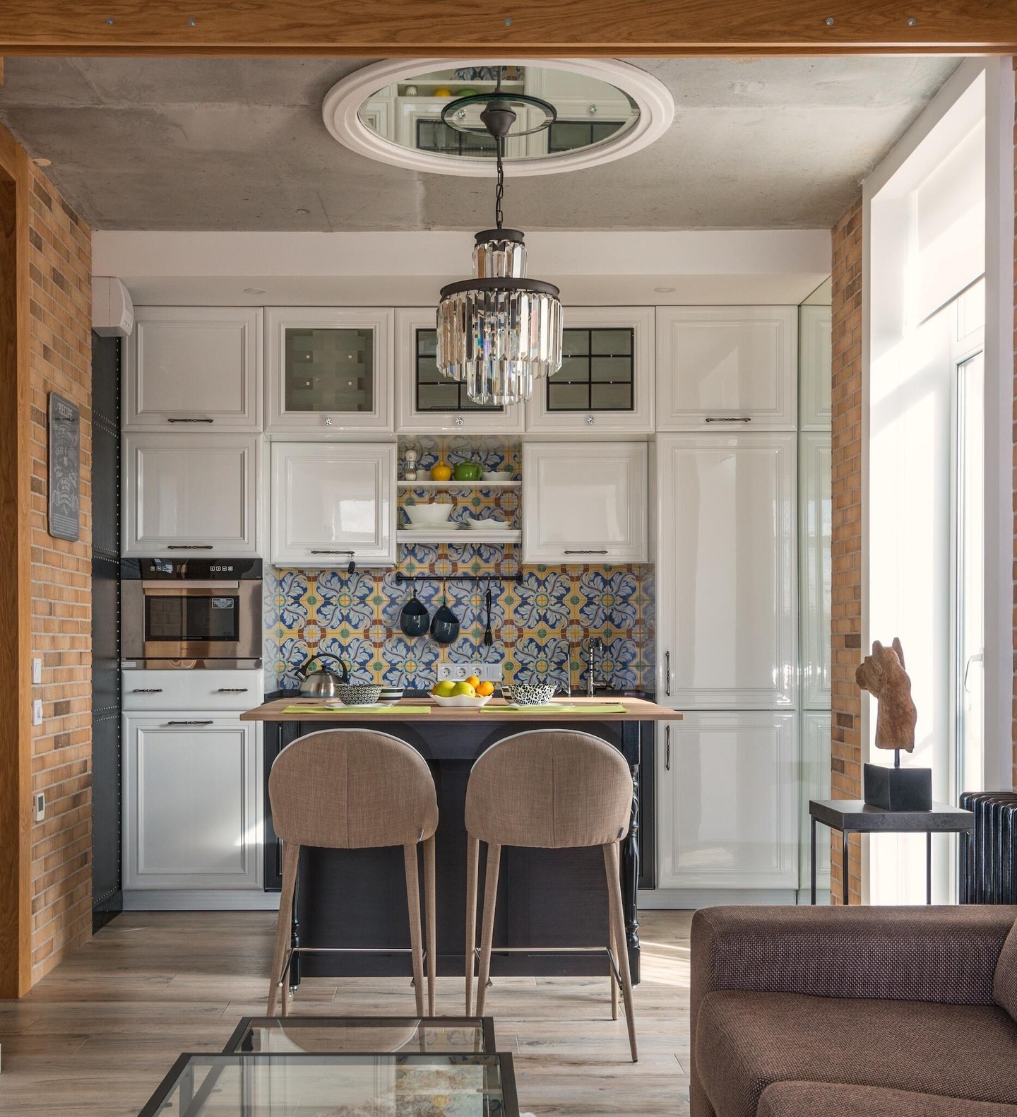Staged kitchen with patterned backsplash